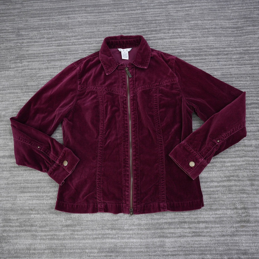 Cabi Burgundy Plum Velvet Zip Up Jacket Style 379 Women's Medium Cotton Collar - Picture 2 of 10